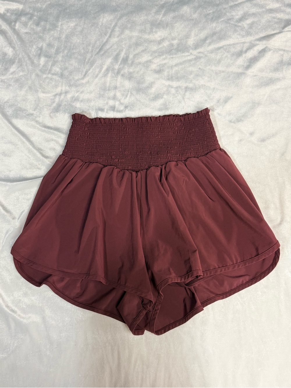 aerie High-Waist Smocked Shorts in Burgundy